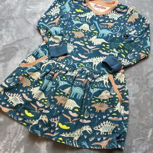 Piccolina Dinosaur Dress Girls 6 Green 100% Cotton Long Sleeve Pockets